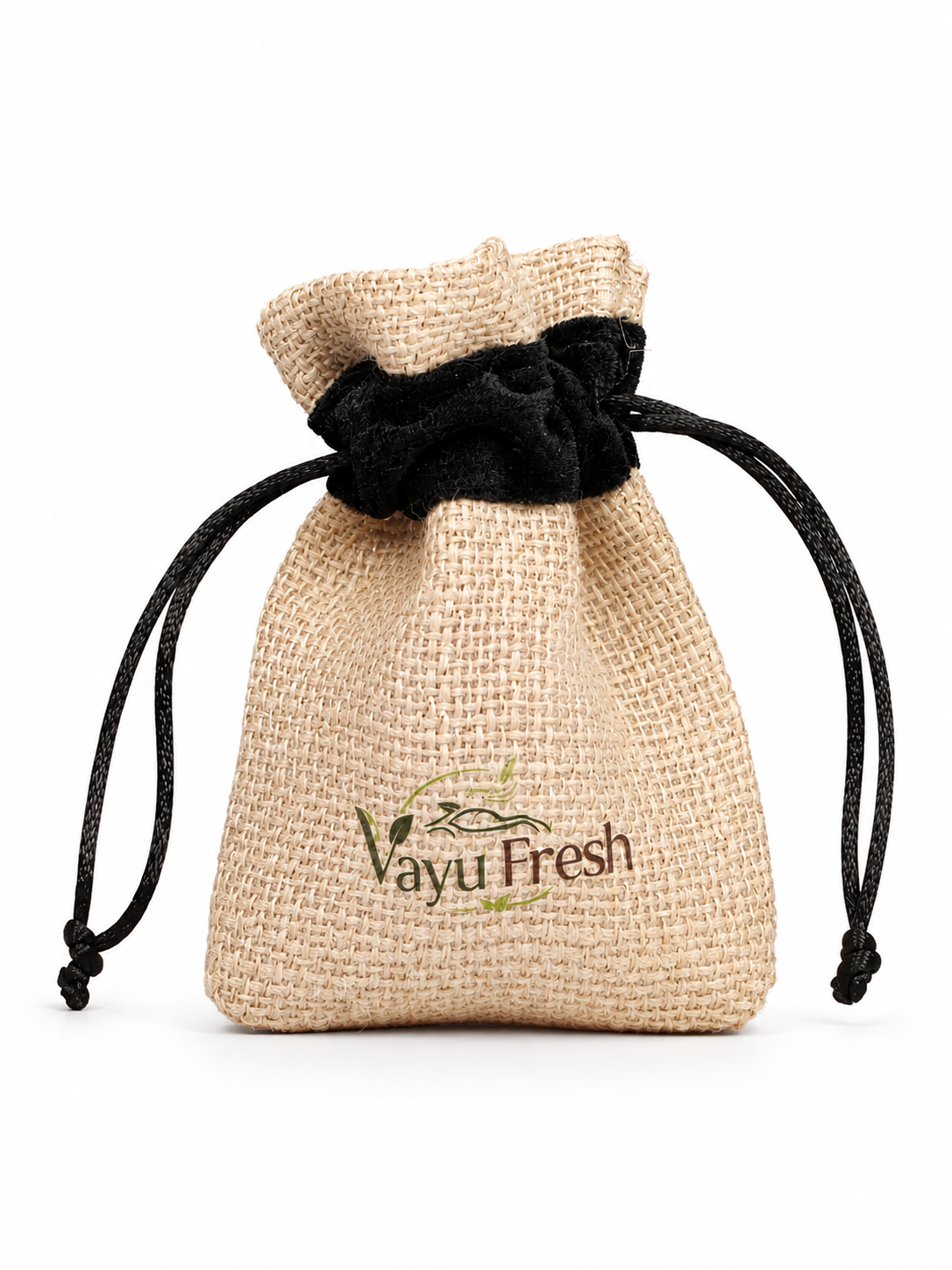 Beige drawstring bag with black drawstring and 'Vayu Fresh' logo on a white background